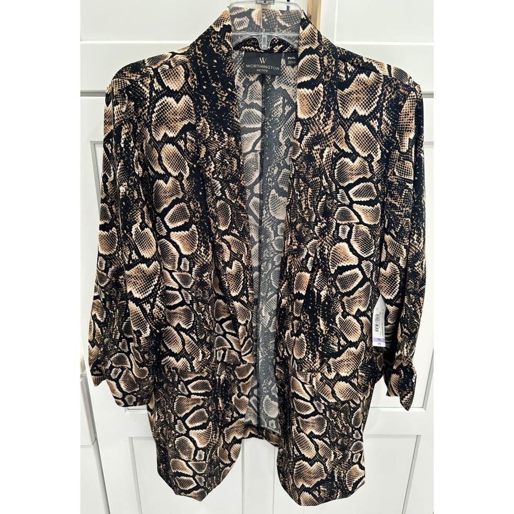 Worthington Petite Open Front Blazer PXXL Snake Print Ruched Sleeve NWT $70